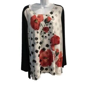 Travelers by Chico's Sz 2 Blouse Poppy Floral Print Mesh Overlay Long Sleeve Top